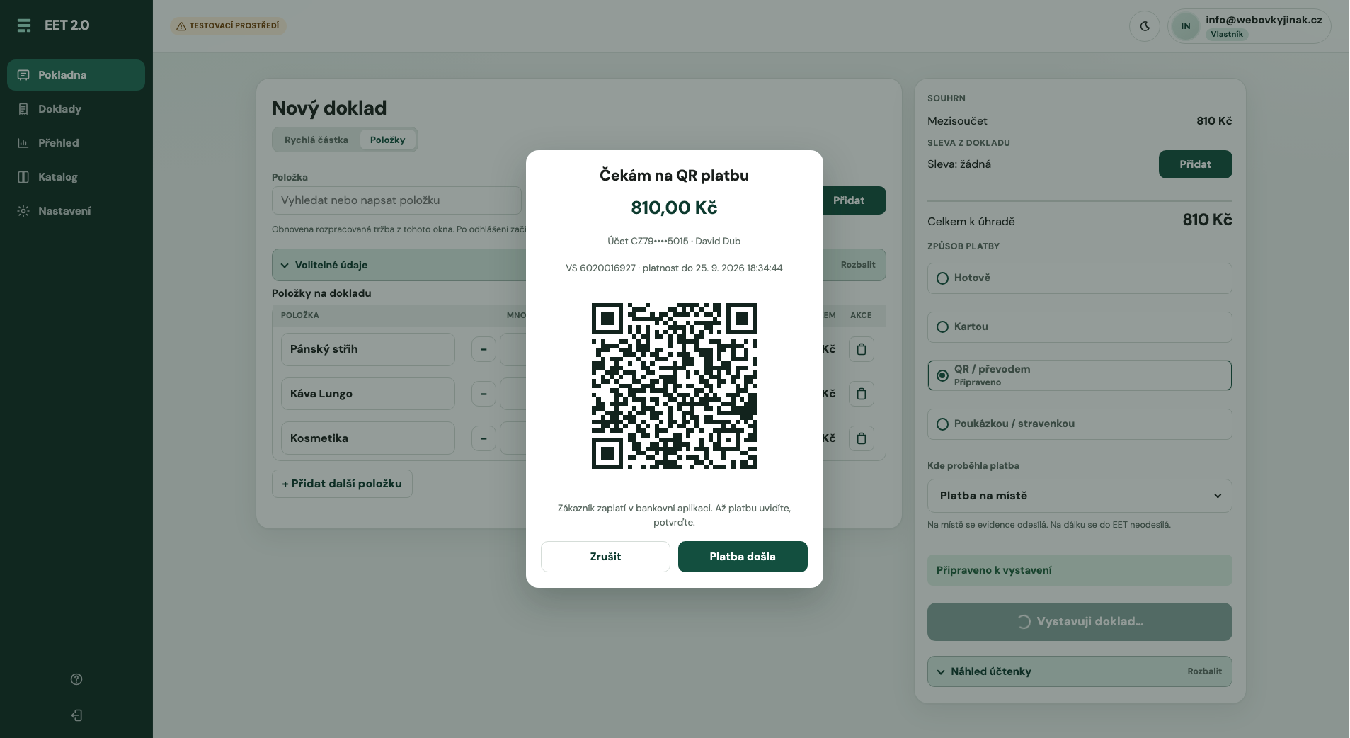 Dialog čekání na QR platbu na počítači