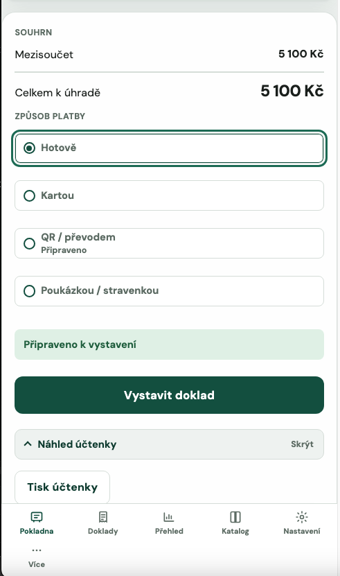 Volba hotovostní platby na mobilním telefonu